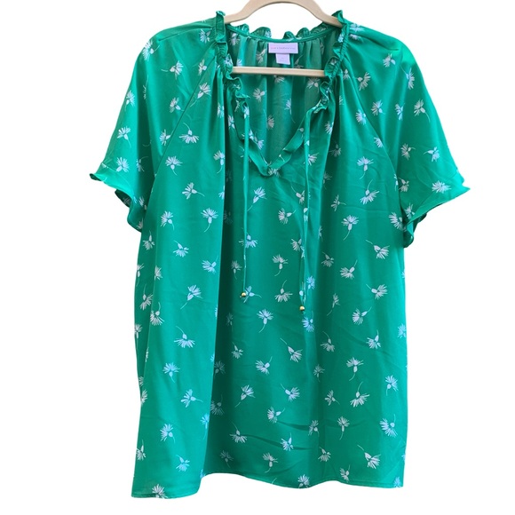 NWT Liz Claiborne Plus Split Tie Neck Short Sleeve Blouse Ditsy Floral Spring - Picture 5 of 16